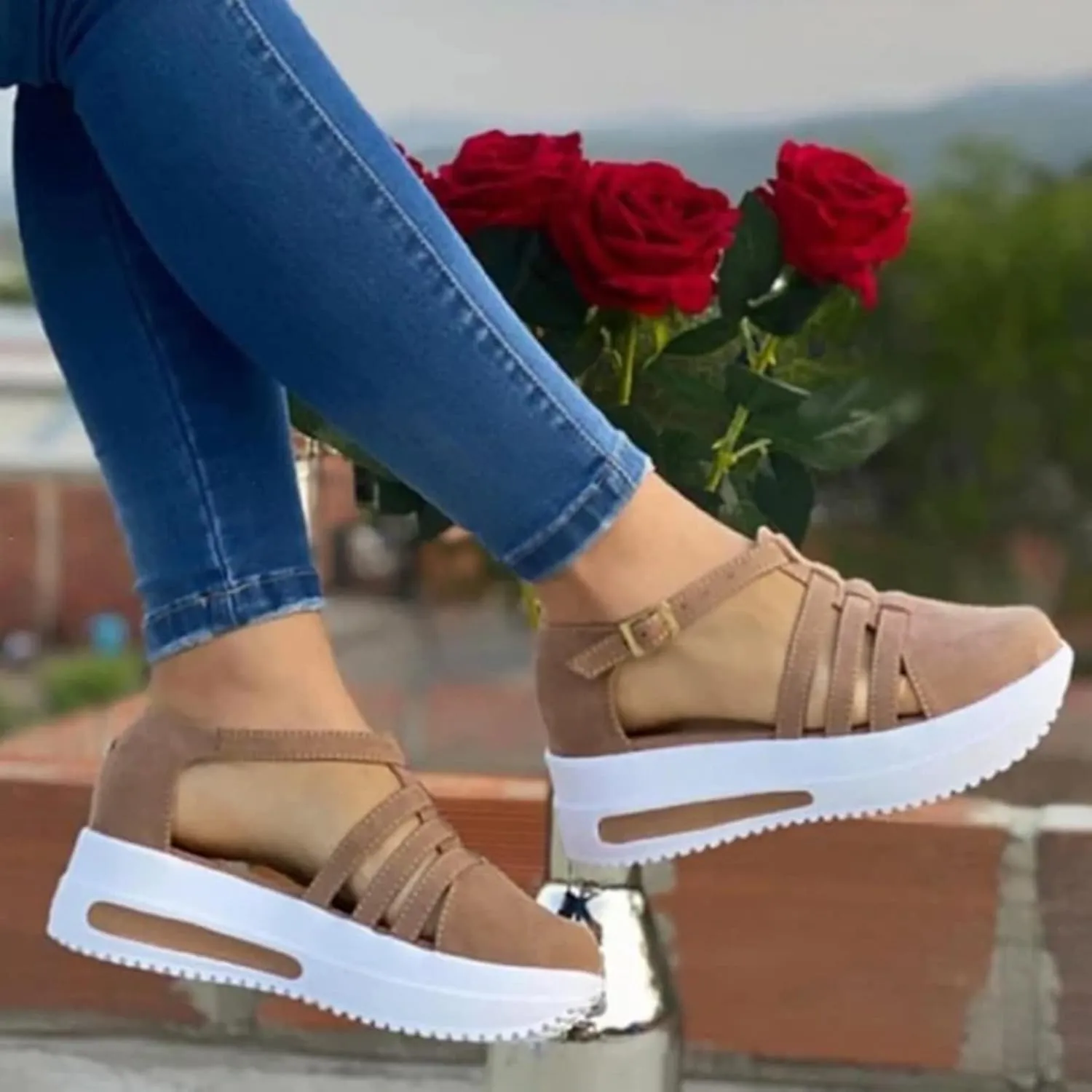 Eduavar Wedge Sandals for Women, Sandals for Women Dressy Summer Flat Sandals Crystal Open Toe Ankle Strap Sandals
