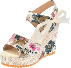 Eduavar Wedge Sandals for Women, Sandals for Women Summer Beach Sandals Floral Shoes Casual Ring Toe Flat Sandals