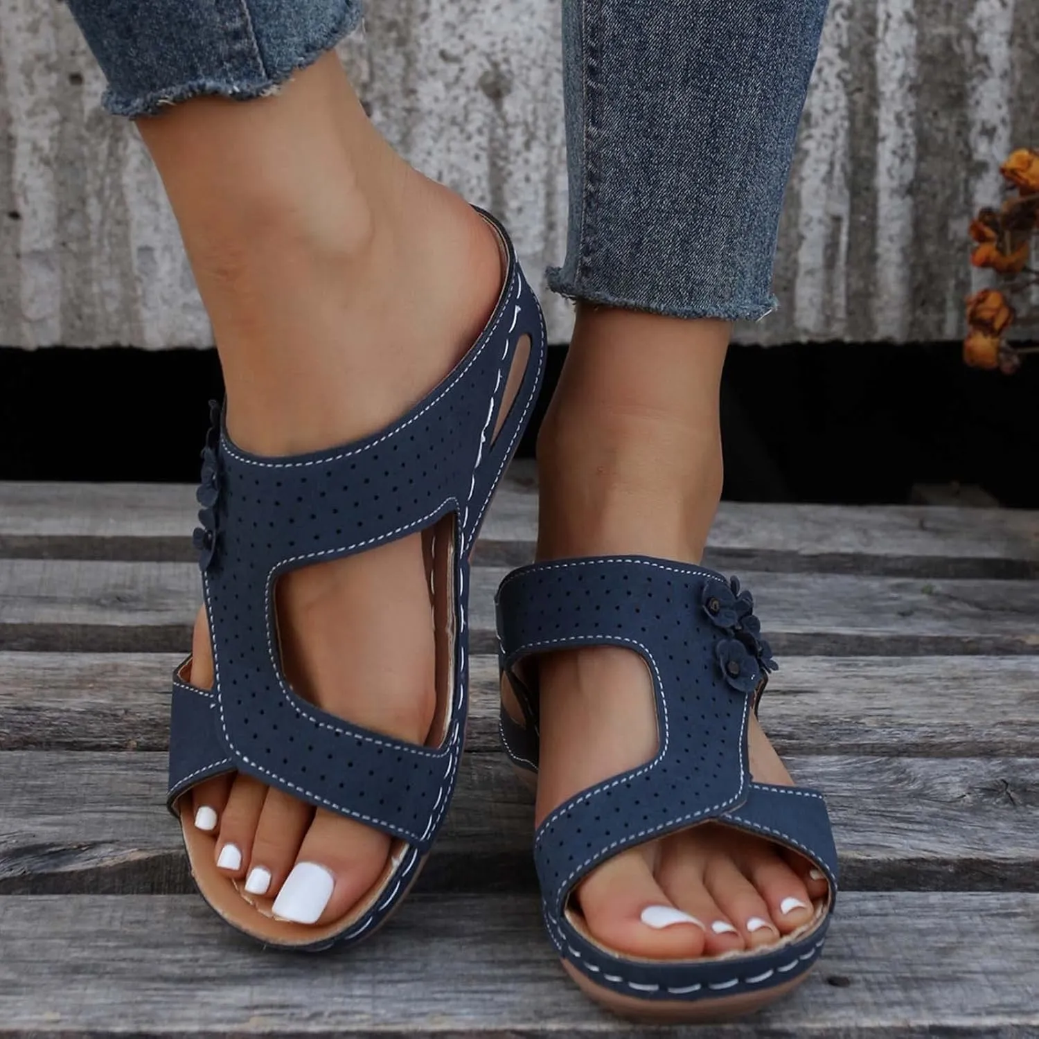 Eduavar Wedge Sandals for Women, Sandals Women Fashion Slip On Sandals Comfortable Peep Toe Sandals Summer Walking Shoes