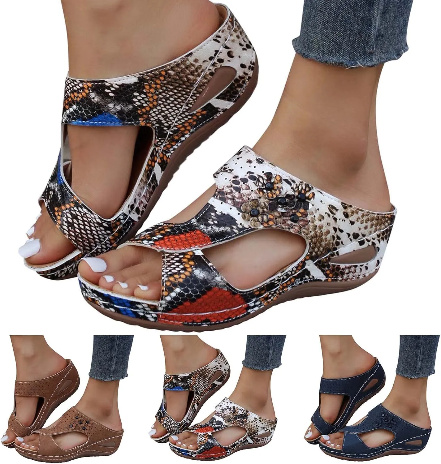 Eduavar Wedge Sandals for Women, Sandals Women Fashion Slip On Sandals Comfortable Peep Toe Sandals Summer Walking Shoes