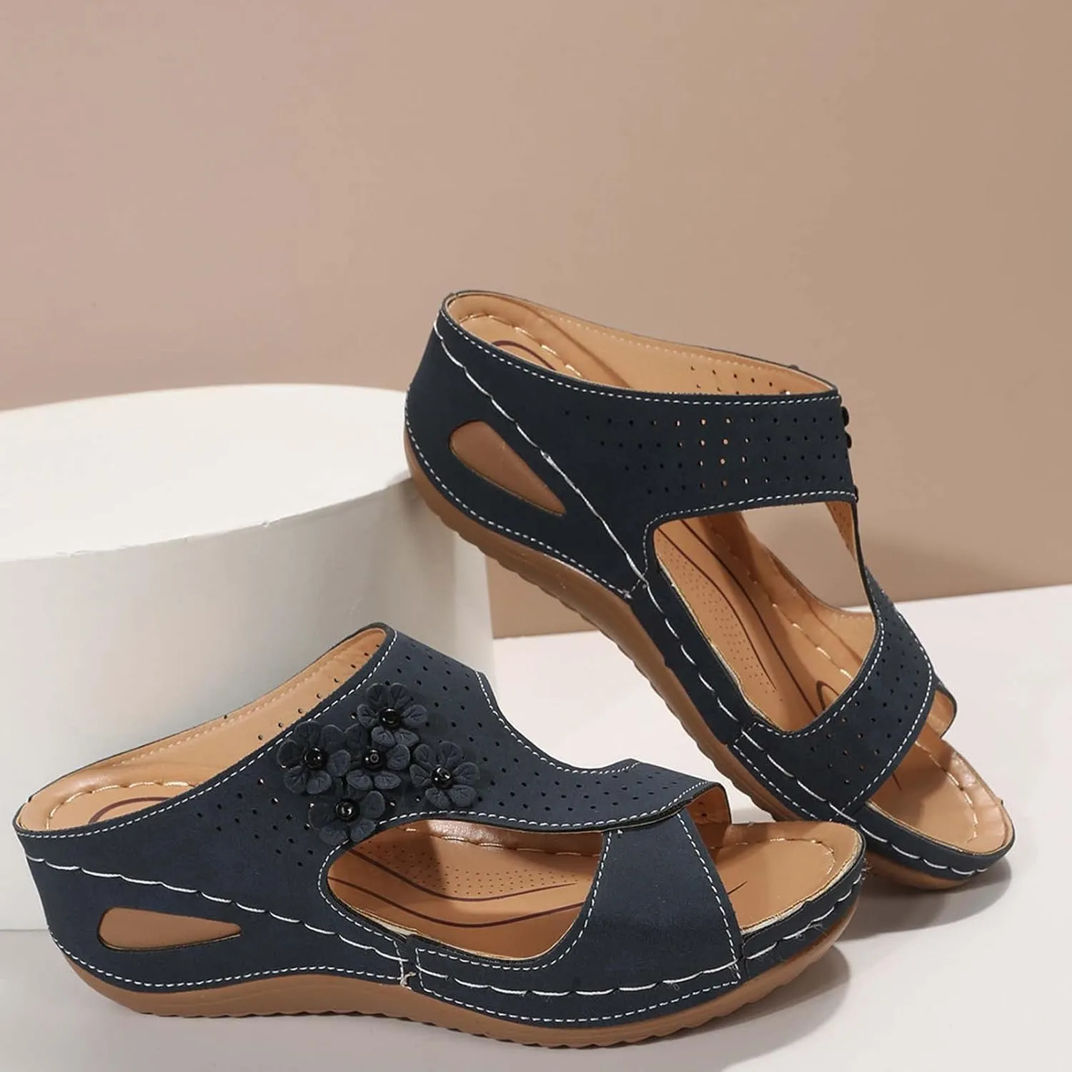 Eduavar Wedge Sandals for Women, Sandals Women Fashion Slip On Sandals Comfortable Peep Toe Sandals Summer Walking Shoes