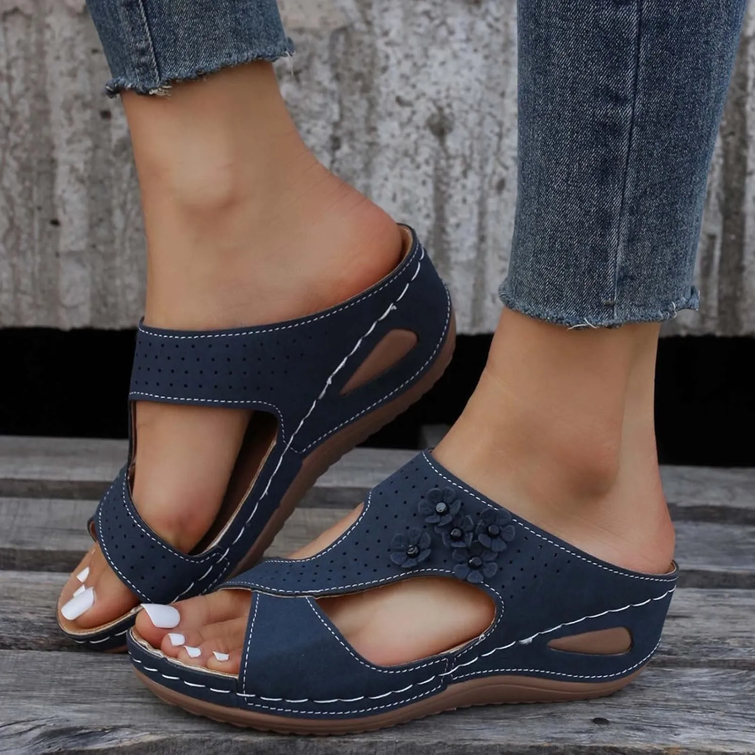 Eduavar Wedge Sandals for Women, Sandals Women Fashion Slip On Sandals Comfortable Peep Toe Sandals Summer Walking Shoes