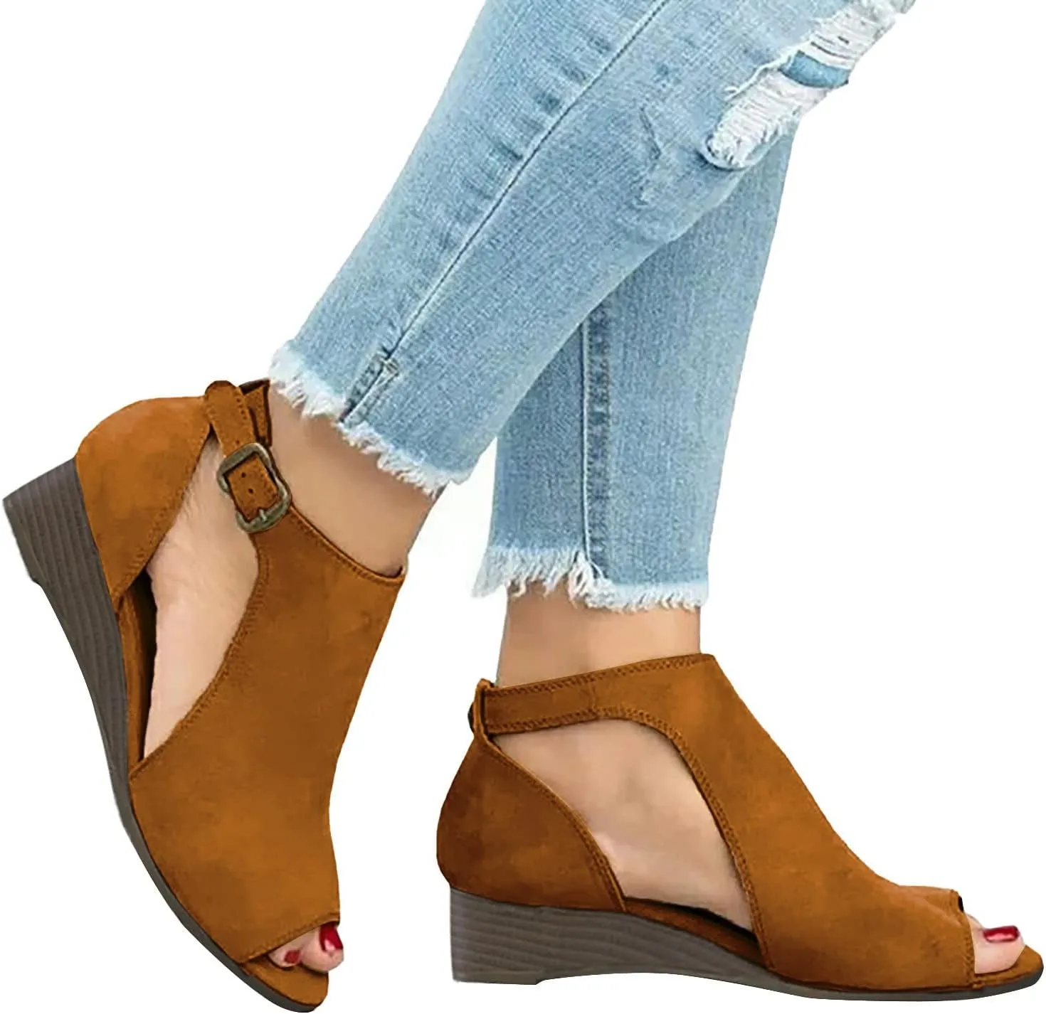 Eduavar Womens Wedge Sandals, Orthopedic Sandals for Women Cut Out Sandals Anti-Slip Ankle Strap Wedge Sandals