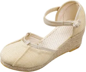 Espadrilles Wedges for Women Dressy Summer Comfortable Non Slip Retro Sandals Closed Toe Strappy Ankle Strap Summer Casual Beach Walking Shoes for Office Or Fashion