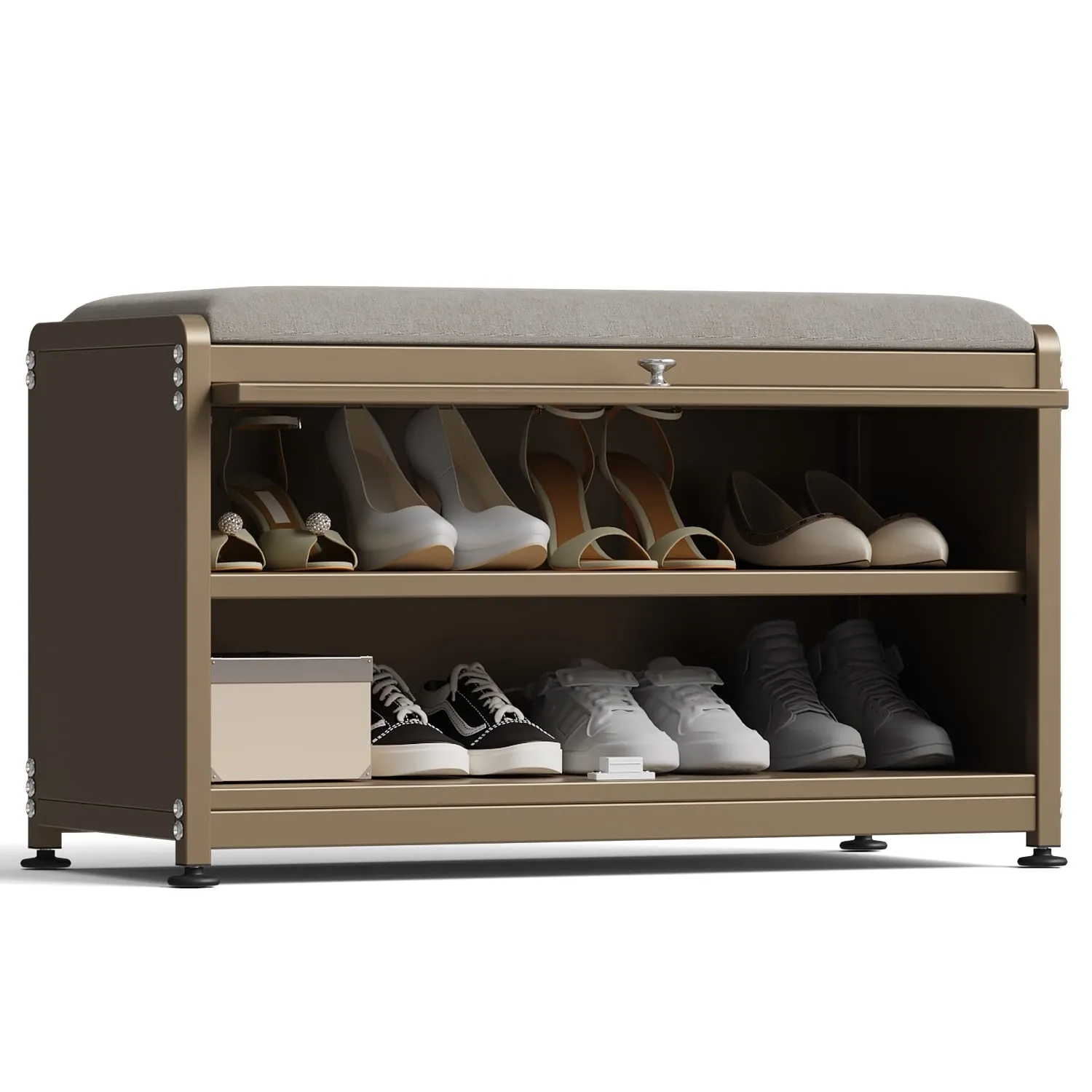 essential Shoe Storage Cabinet with 2 Tier Shoe Rack, Entryway Bench with Cushion, Metal, Black