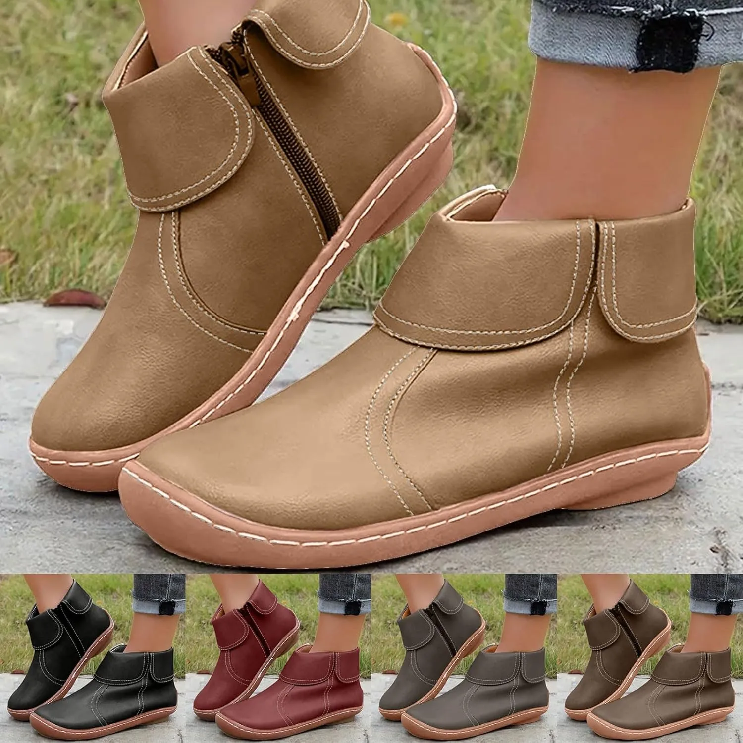 Fall Boots for Women 2024 Ankle Boots Retro Round Toe Fashion Comfortable Flat Side Zipper Lightweight Fall Boots