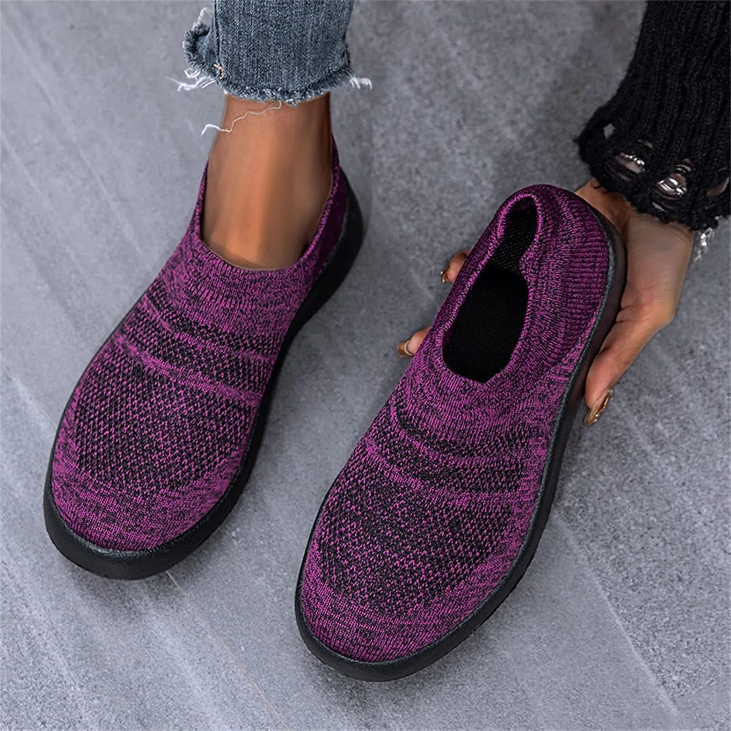 Fashion Spring and Summer Women Sports Shoes Flat Bottom Lightweight Slip On Fly Woven Mesh All Terrain Shoes