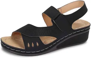Flat Sandals for Women Round Toe Cross Straps Hollow Out Wedge Heel Breathable Lightweight Beach Walking Sandals