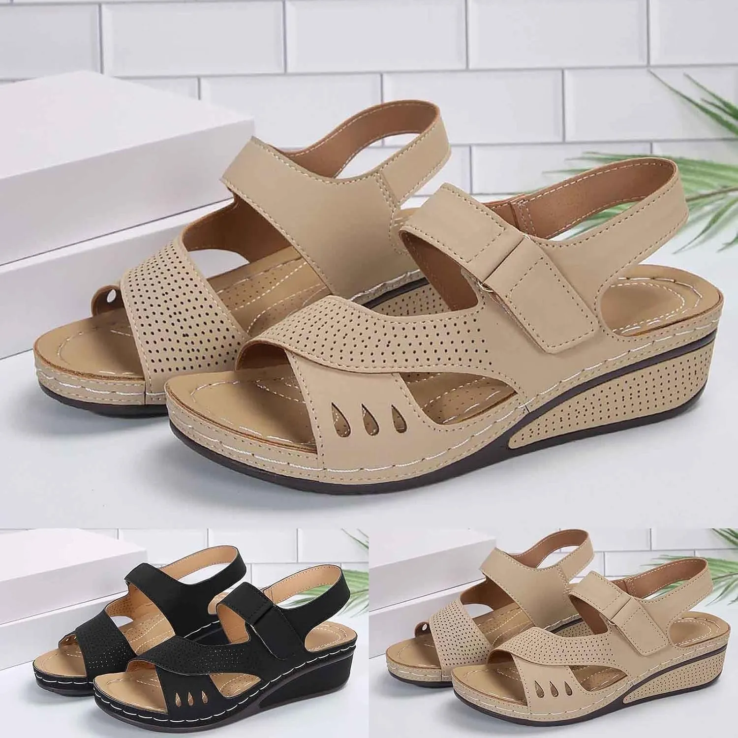 Flat Sandals for Women Round Toe Cross Straps Hollow Out Wedge Heel Breathable Lightweight Beach Walking Sandals
