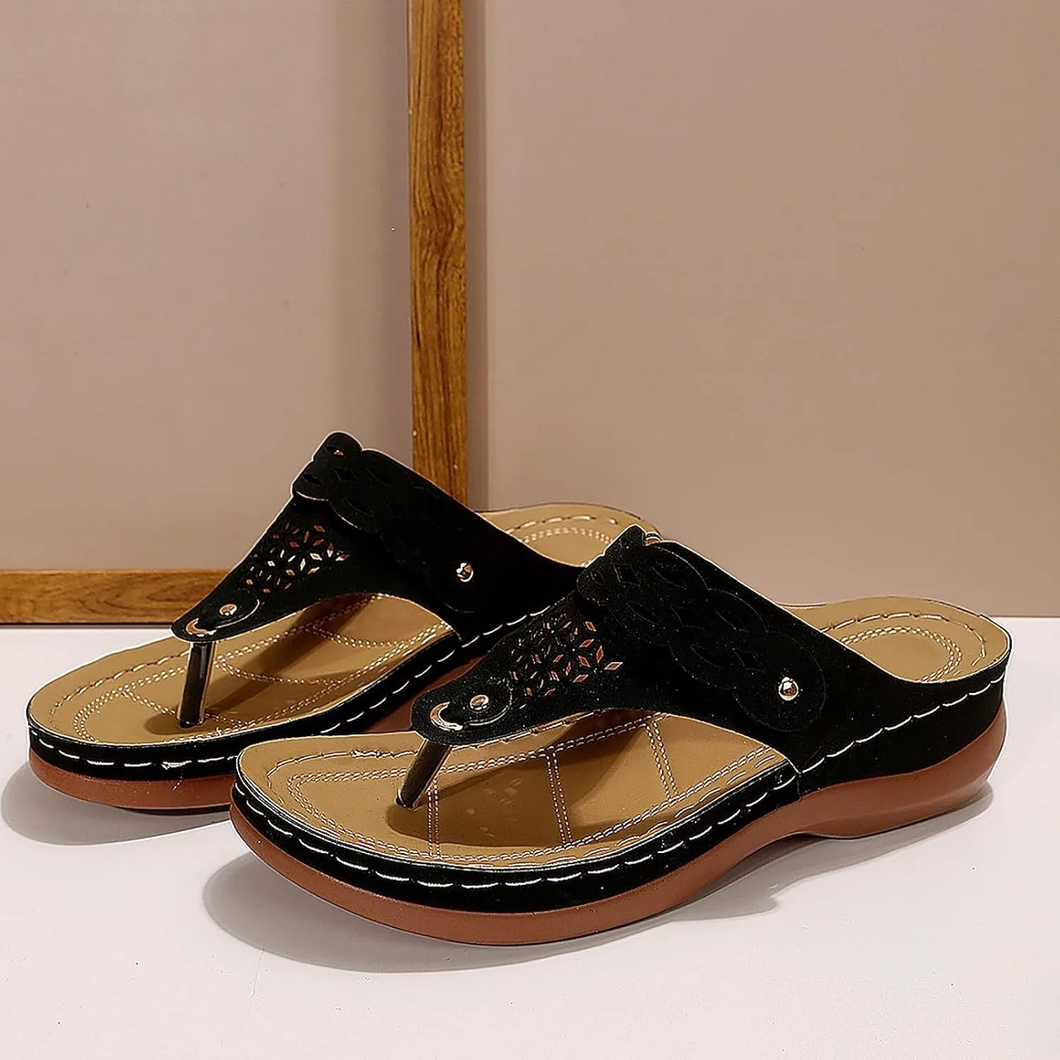 Flip Flops for Women with Arch Support Comfortable Walking Orthopedic Sandals Thong Sandals Hollow Wedge Sandals for Women Slippers Slip On Platform Sandals Dressy Summer Beach Shoes