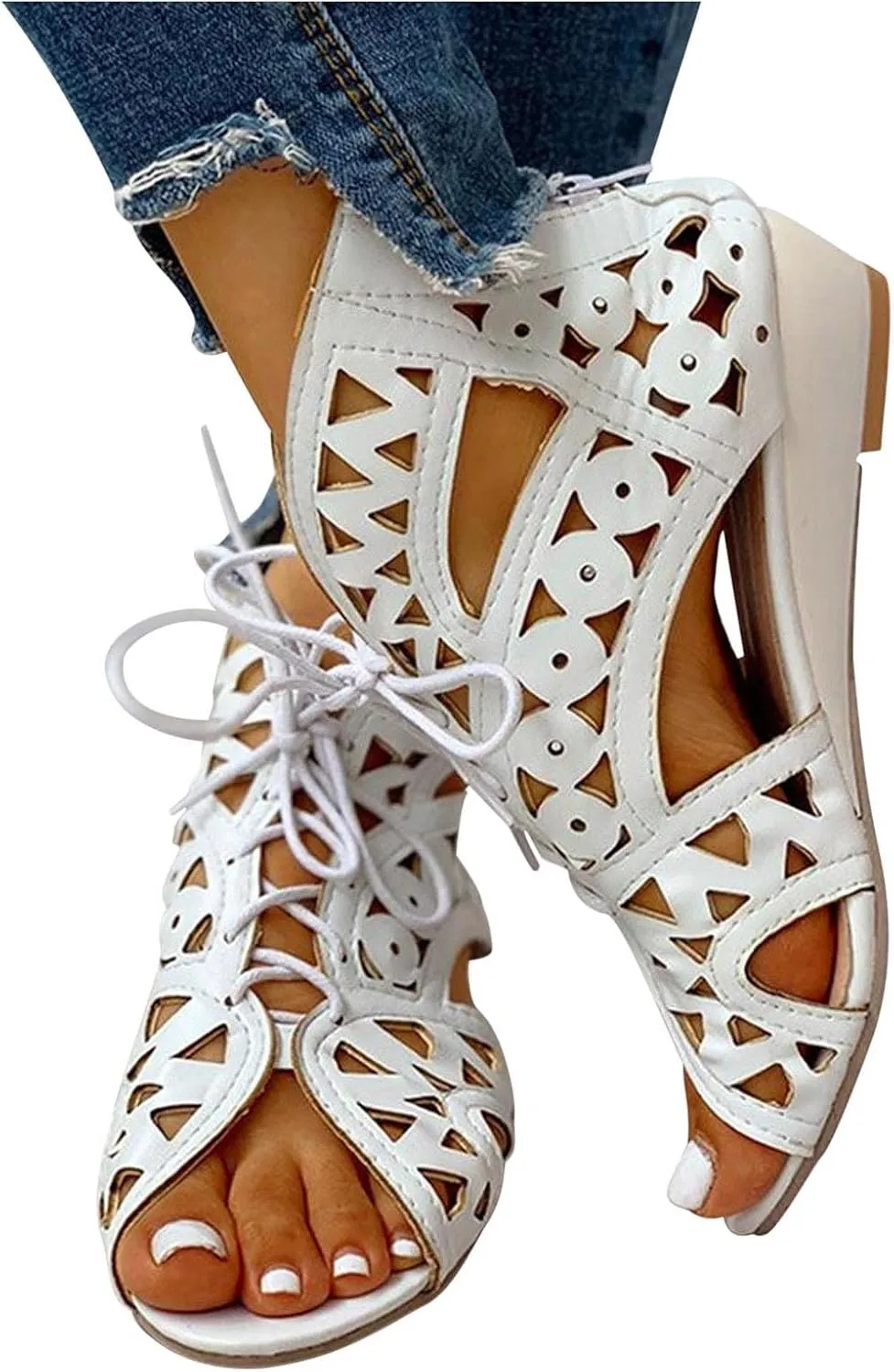 Hollow Out Sandals for Women Summer Casual Cross Lace up Open Toe Back Zipper Flat Sandals Lightweight Gladiator Shoes