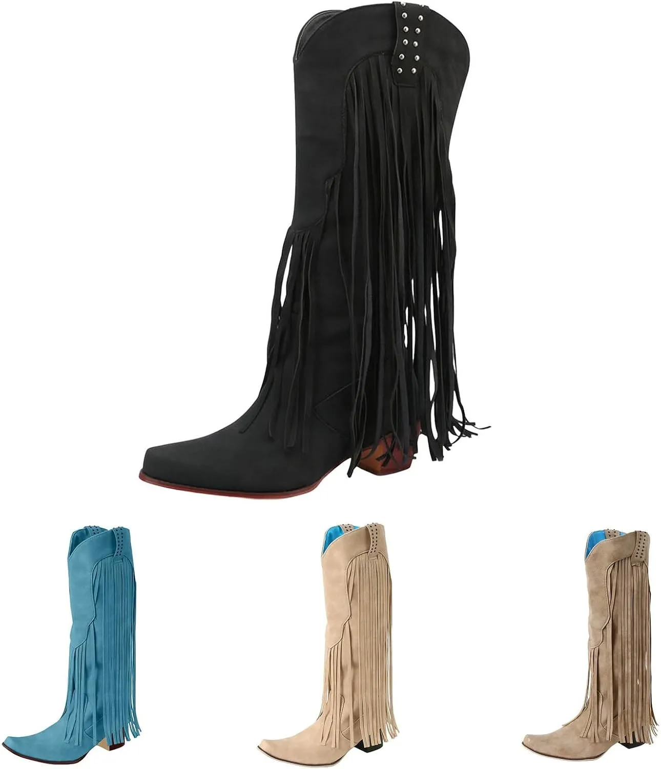 Knee High Boots Women Cowboy Boots for Women Fall Boots for Women 2024 Fringe Booties Fashion Chunky Heels Boots