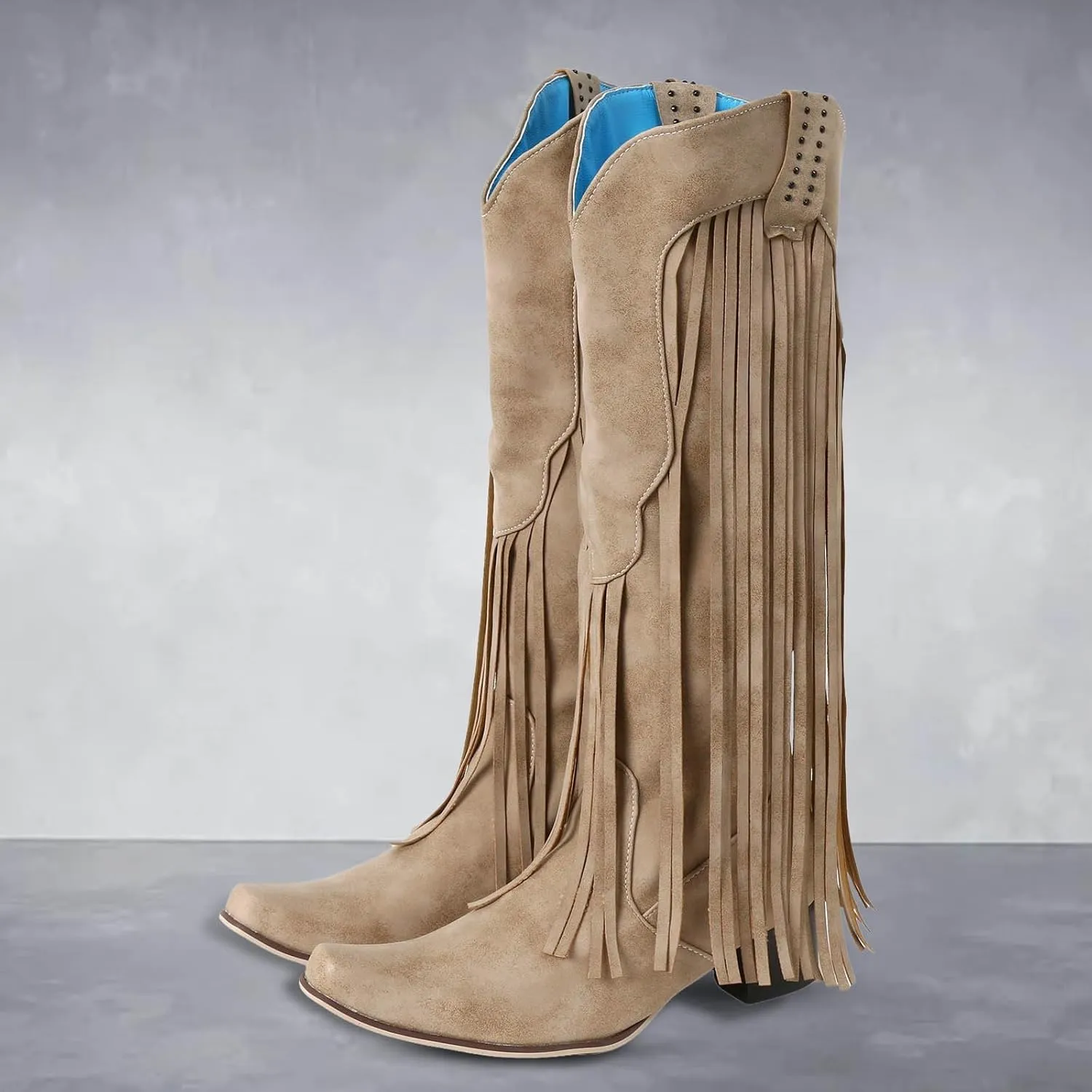 Knee High Boots Women Cowboy Boots for Women Fall Boots for Women 2024 Fringe Booties Fashion Chunky Heels Boots