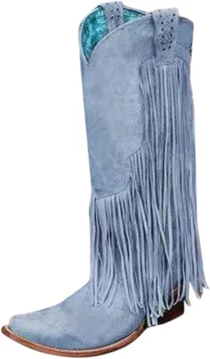Knee High Cowboy Boots Women Cowgirl Boots Women Western Fringe Tassel Chunky Heels Pointed Toe Slip on Women Boots