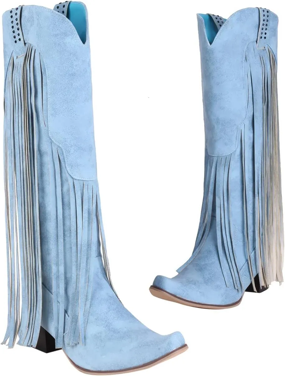 Knee High Cowboy Boots Women Cowgirl Boots Women Western Fringe Tassel Chunky Heels Pointed Toe Slip on Women Boots