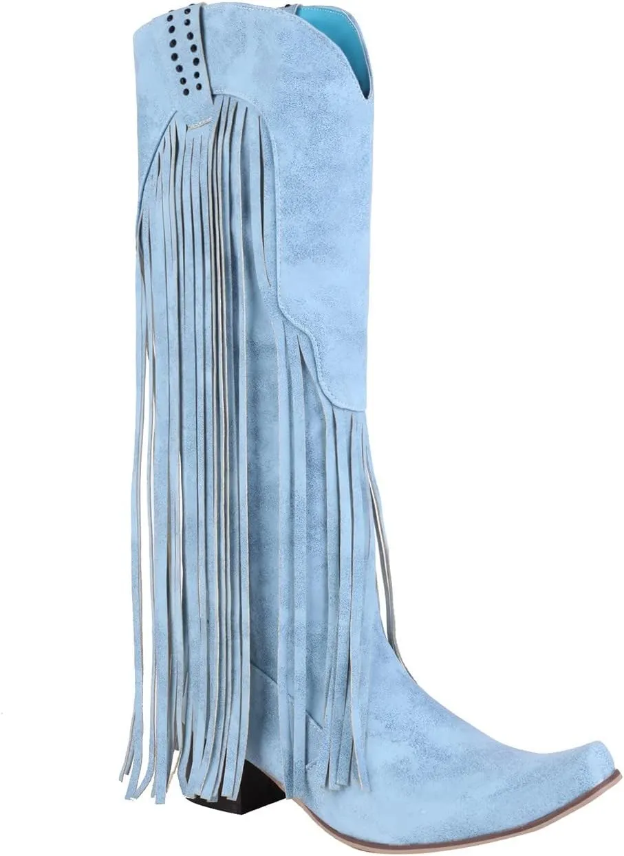 Knee High Cowboy Boots Women Cowgirl Boots Women Western Fringe Tassel Chunky Heels Pointed Toe Slip on Women Boots