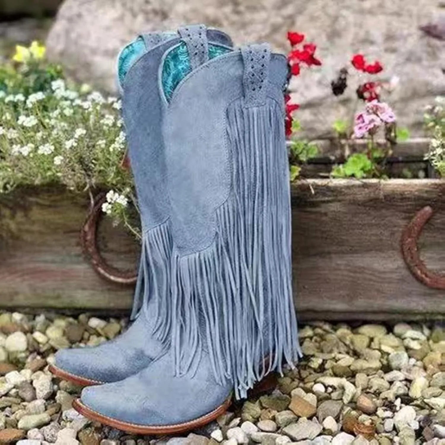 Knee High Cowboy Boots Women Cowgirl Boots Women Western Fringe Tassel Chunky Heels Pointed Toe Slip on Women Boots