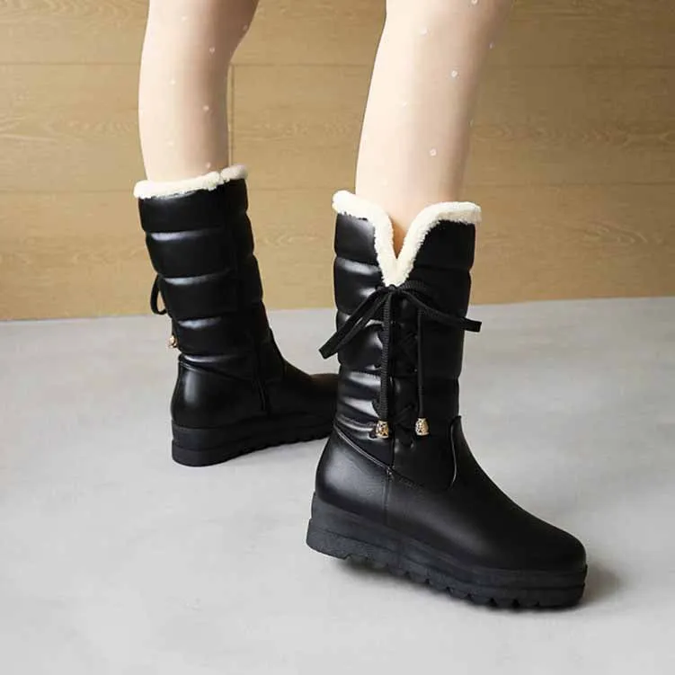 Ladies Warm Snow Boot Mid-calf Winter PU Leather Boots