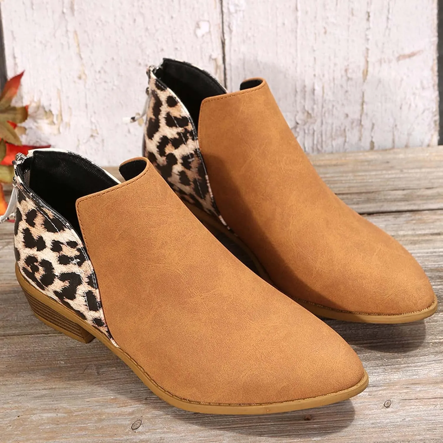 Leopard Print Women's Boots Suede Fashion Formal Ankle Boots Chunky Low Heel Large Size Side Zipper Short Boots