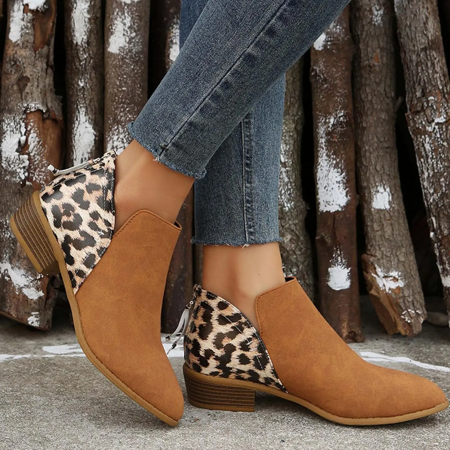 Leopard Print Women's Boots Suede Fashion Formal Ankle Boots Chunky Low Heel Large Size Side Zipper Short Boots