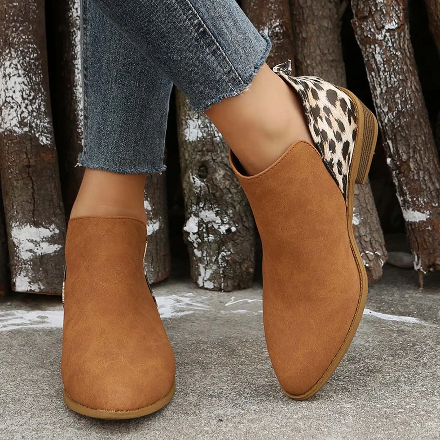 Leopard Print Women's Boots Suede Fashion Formal Ankle Boots Chunky Low Heel Large Size Side Zipper Short Boots