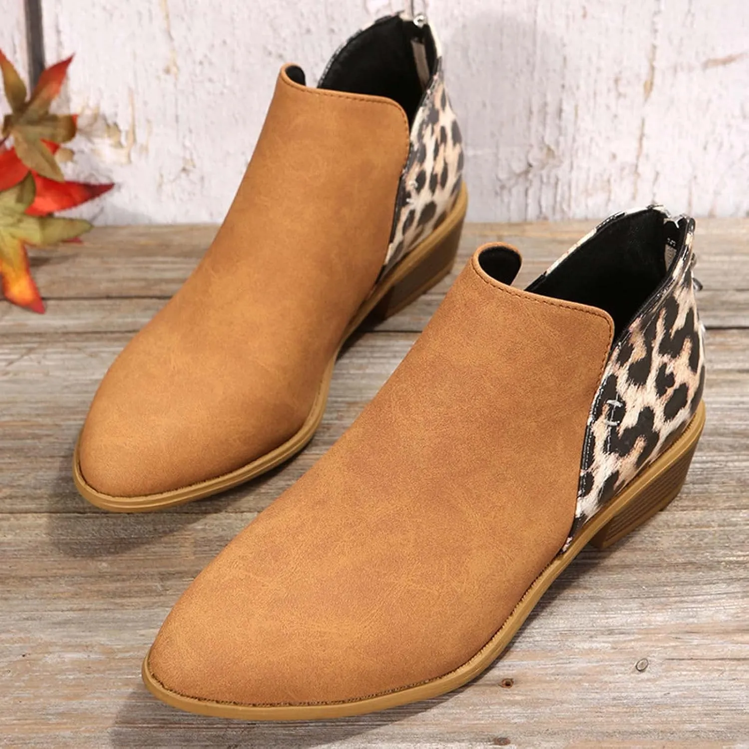 Leopard Print Women's Boots Suede Fashion Formal Ankle Boots Chunky Low Heel Large Size Side Zipper Short Boots
