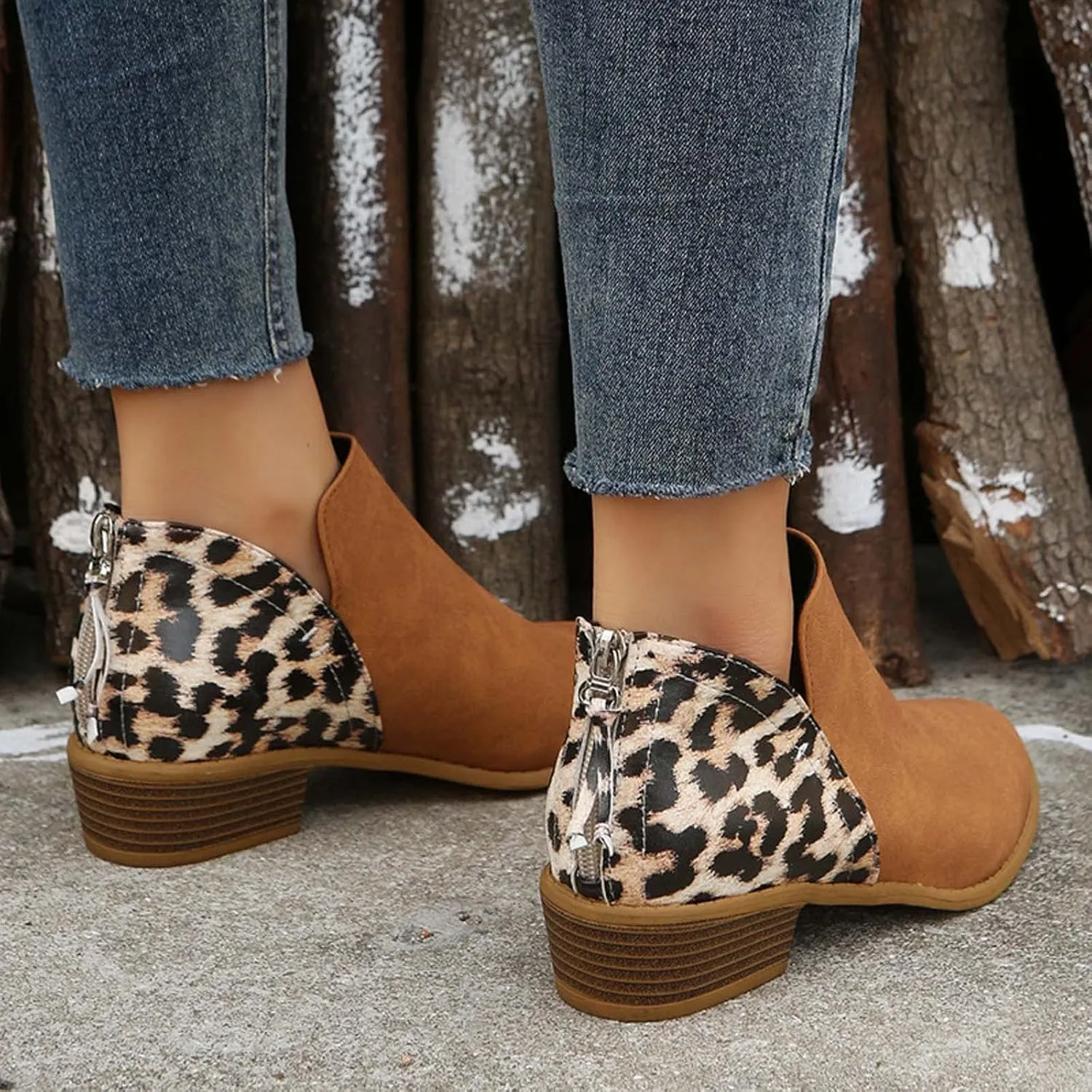Leopard Print Women's Boots Suede Fashion Formal Ankle Boots Chunky Low Heel Large Size Side Zipper Short Boots