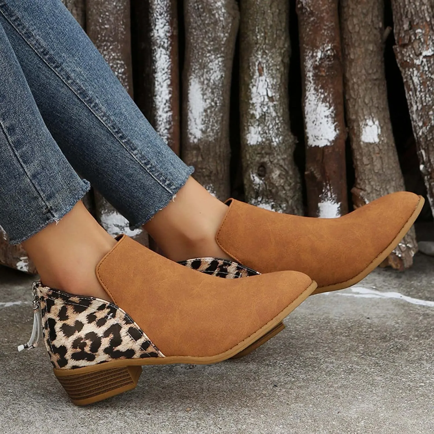 Leopard Print Women's Boots Suede Fashion Formal Ankle Boots Chunky Low Heel Large Size Side Zipper Short Boots