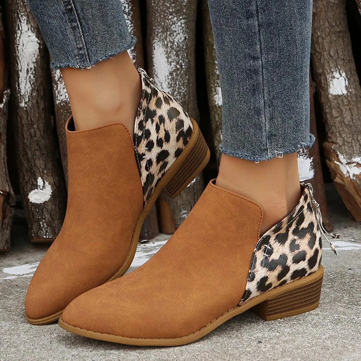 Leopard Print Women's Boots Suede Fashion Formal Ankle Boots Chunky Low Heel Large Size Side Zipper Short Boots