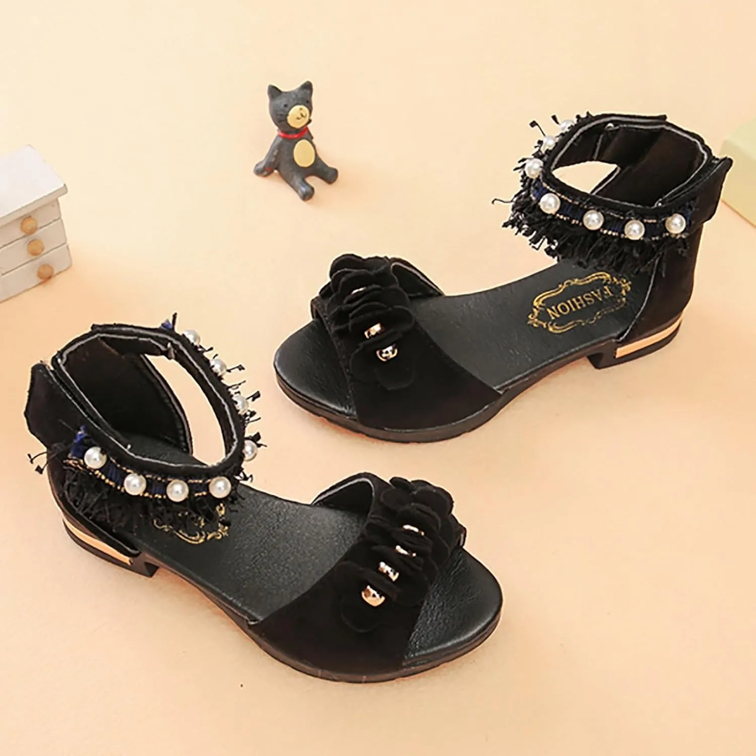 Low Heels Open Toe Princess Sandal Bohemian Sandals For Girls Children Shoes Thick High Heeled Sandals Fashionable Small High Heeled Flower Pearl