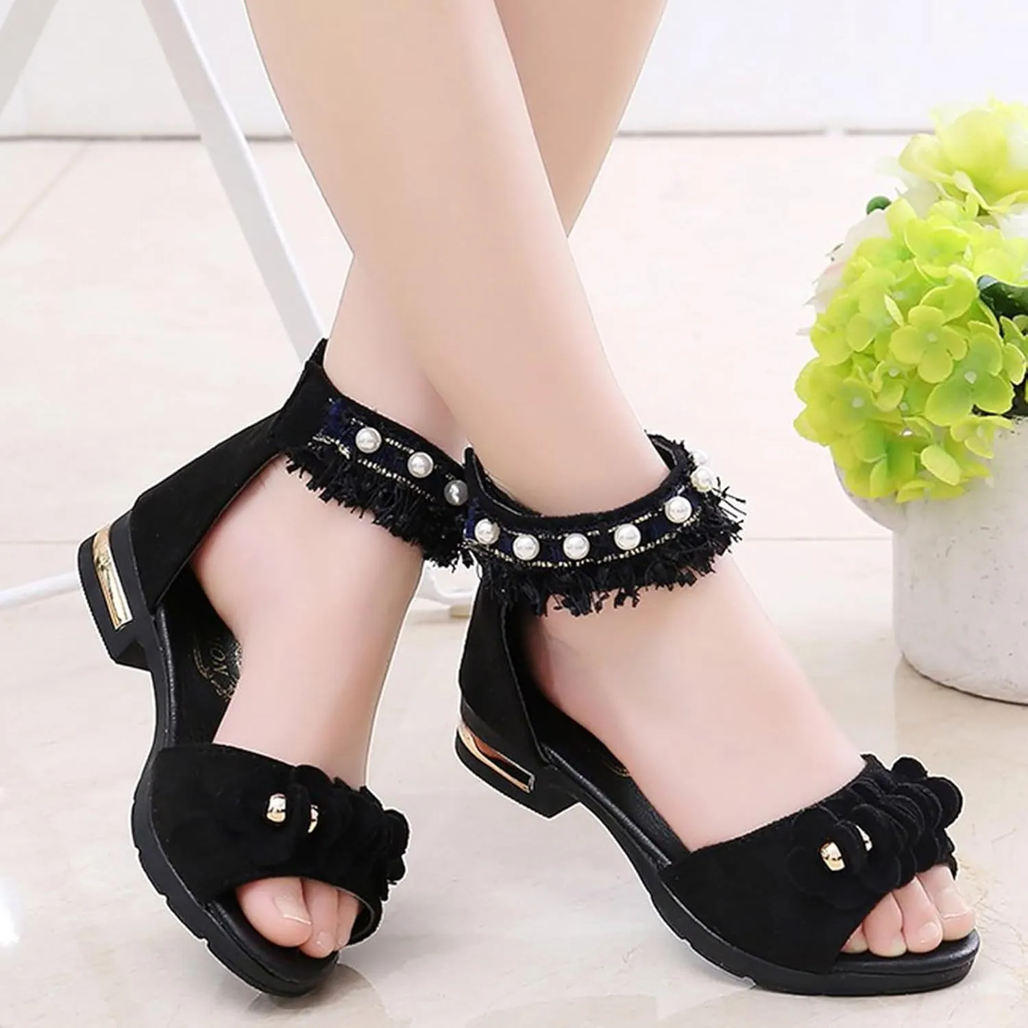 Low Heels Open Toe Princess Sandal Bohemian Sandals For Girls Children Shoes Thick High Heeled Sandals Fashionable Small High Heeled Flower Pearl