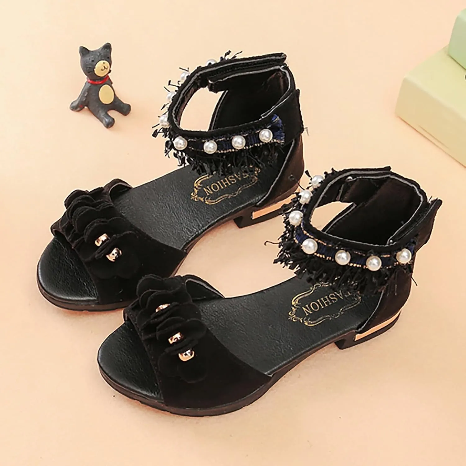 Low Heels Open Toe Princess Sandal Bohemian Sandals For Girls Children Shoes Thick High Heeled Sandals Fashionable Small High Heeled Flower Pearl