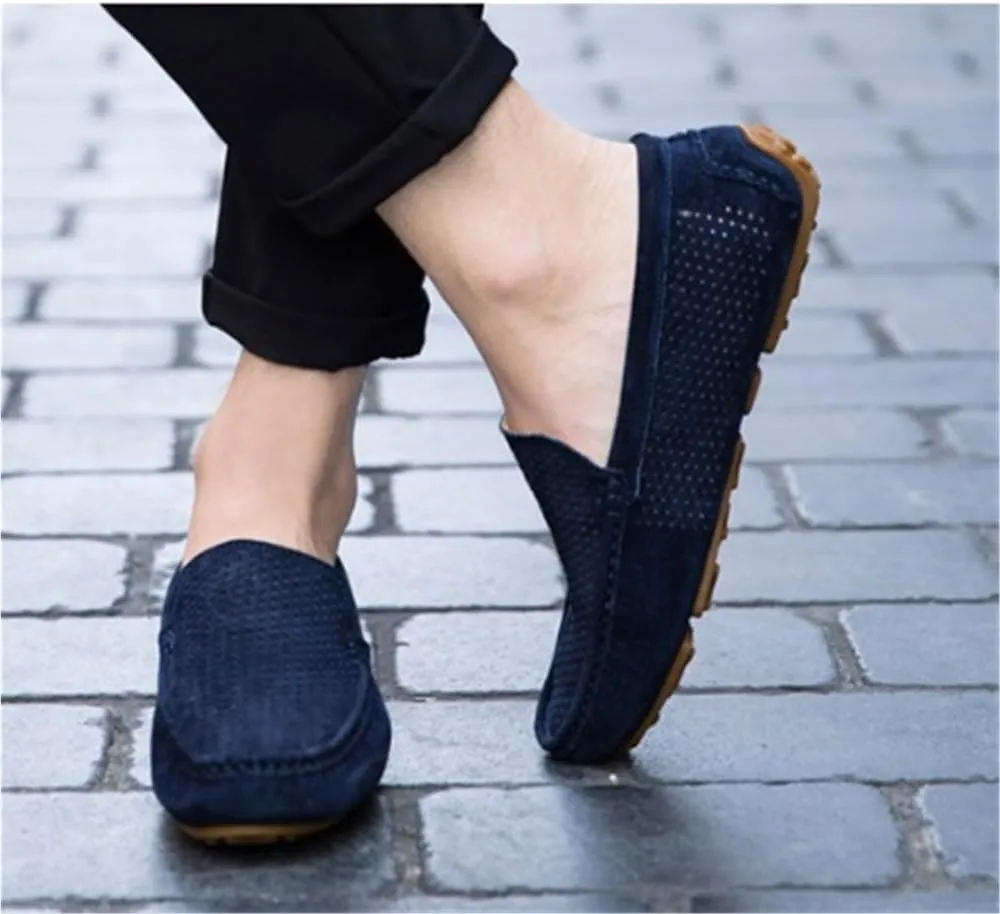 Mens Loafers Shoes Hollow Out Breathable Driving Style Suede Vamp Comfortable Flat Heel Slip Resistant Wedding Slip-on