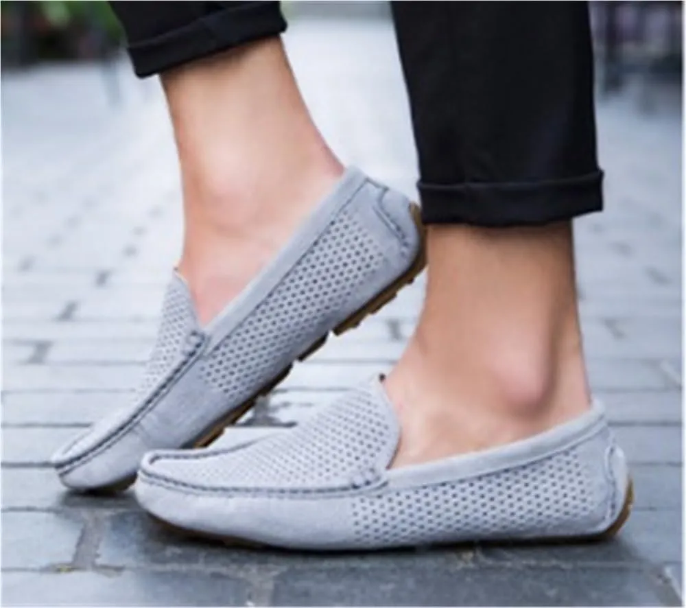 Mens Loafers Shoes Hollow Out Breathable Driving Style Suede Vamp Comfortable Flat Heel Slip Resistant Wedding Slip-on
