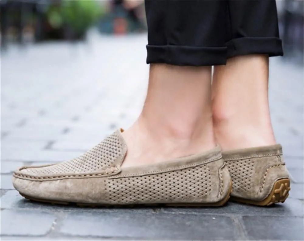Mens Loafers Shoes Hollow Out Breathable Driving Style Suede Vamp Comfortable Flat Heel Slip Resistant Wedding Slip-on