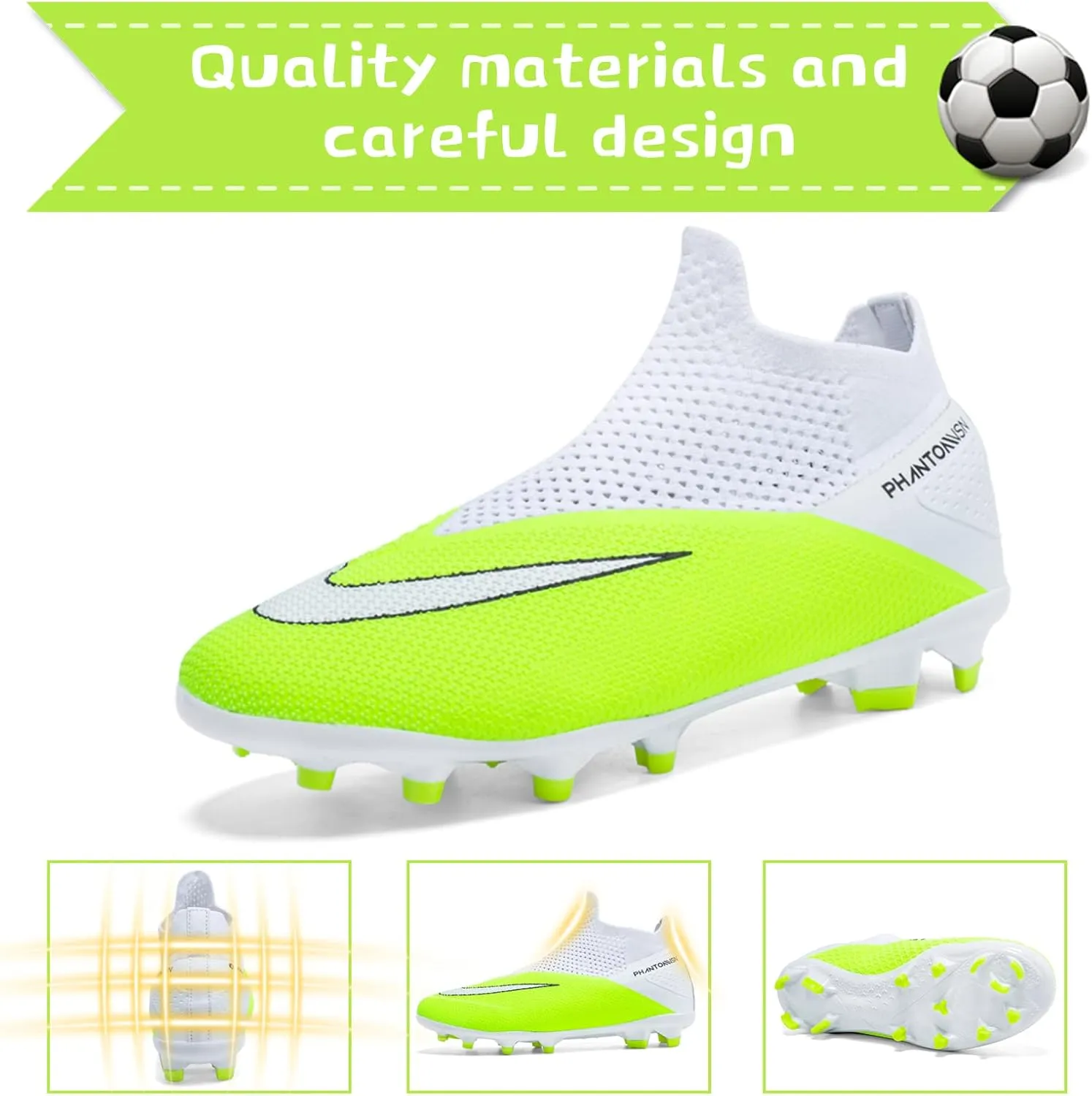 Men's Soccer Shoes High-Top Laceless Firm Ground Football Shoes Outdoor Indoor Boys Athletic Soccer Cleats