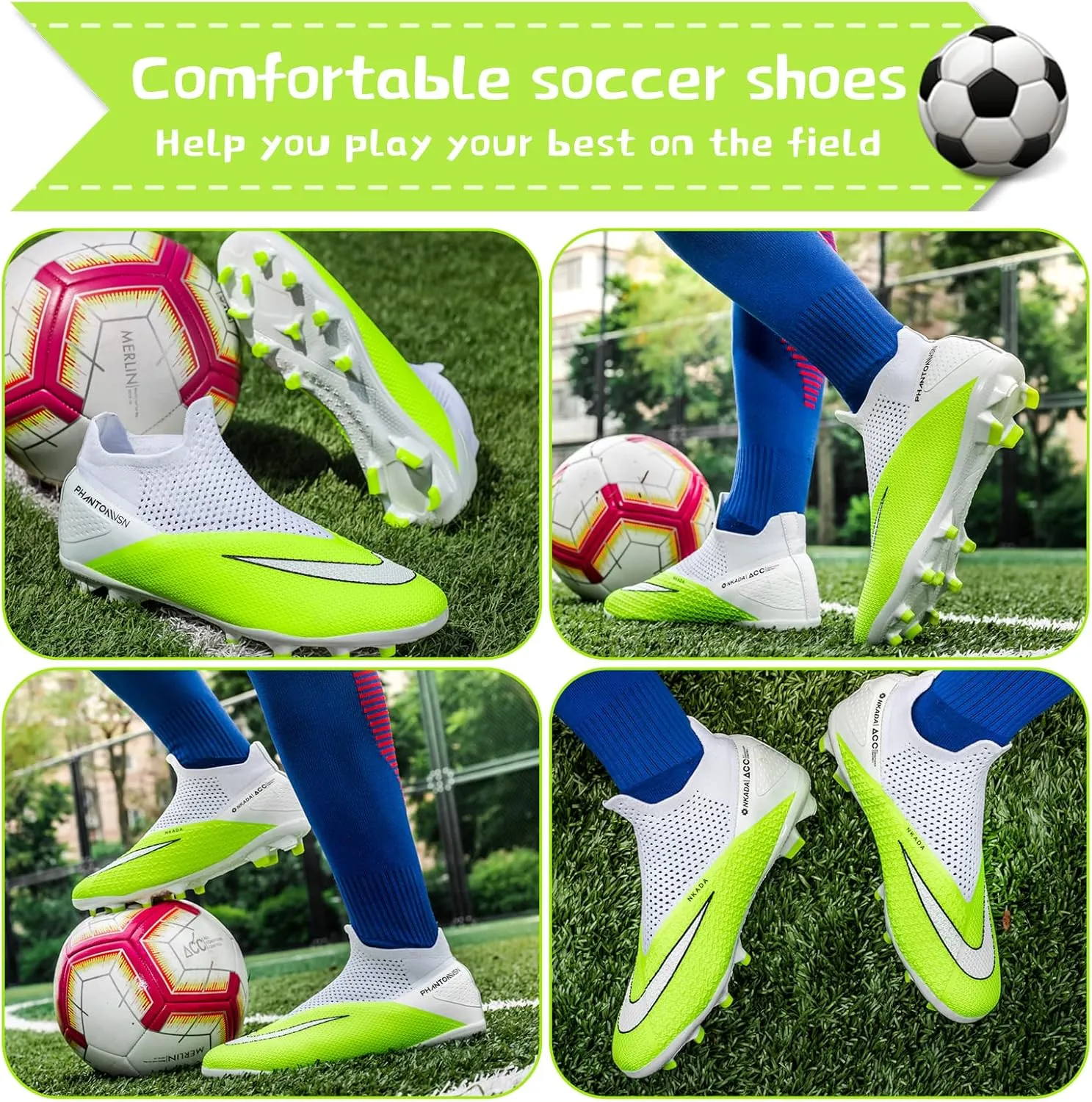 Men's Soccer Shoes High-Top Laceless Firm Ground Football Shoes Outdoor Indoor Boys Athletic Soccer Cleats