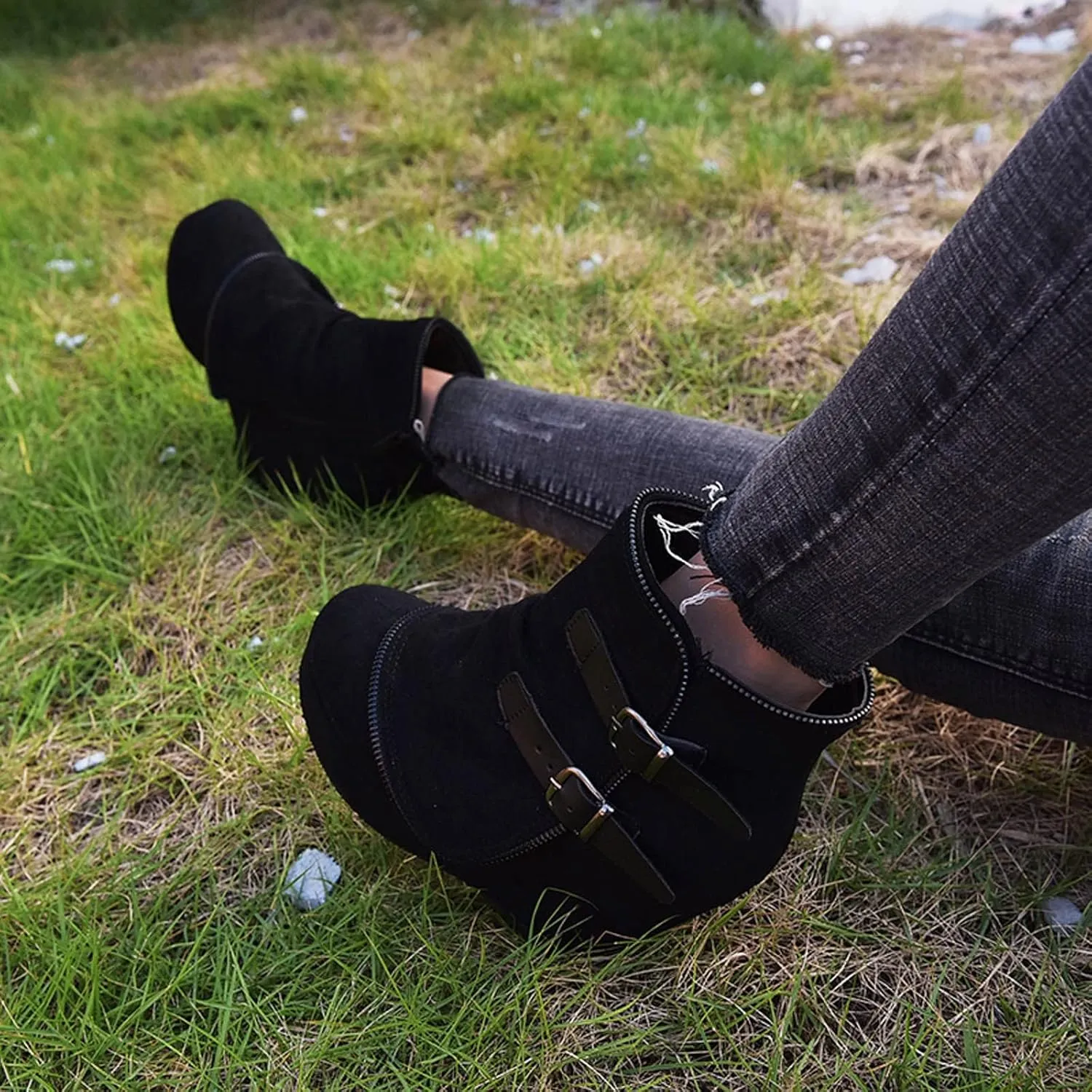 Mid Calf Boots for Women Low Hee Winter Boots Round Toe Solid Color Suede Slope Heel Retro Buckle Waterproof Boots