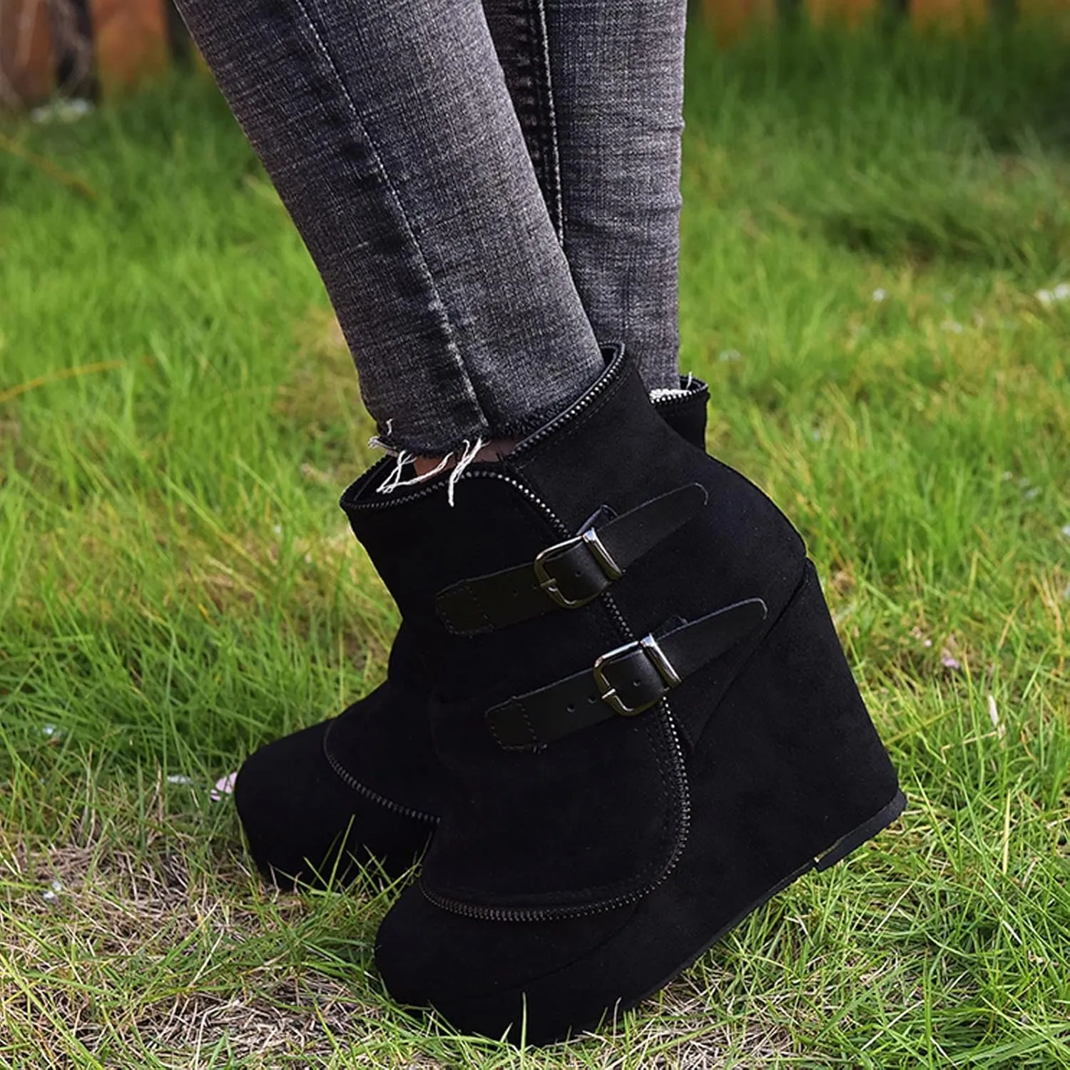 Mid Calf Boots for Women Low Hee Winter Boots Round Toe Solid Color Suede Slope Heel Retro Buckle Waterproof Boots