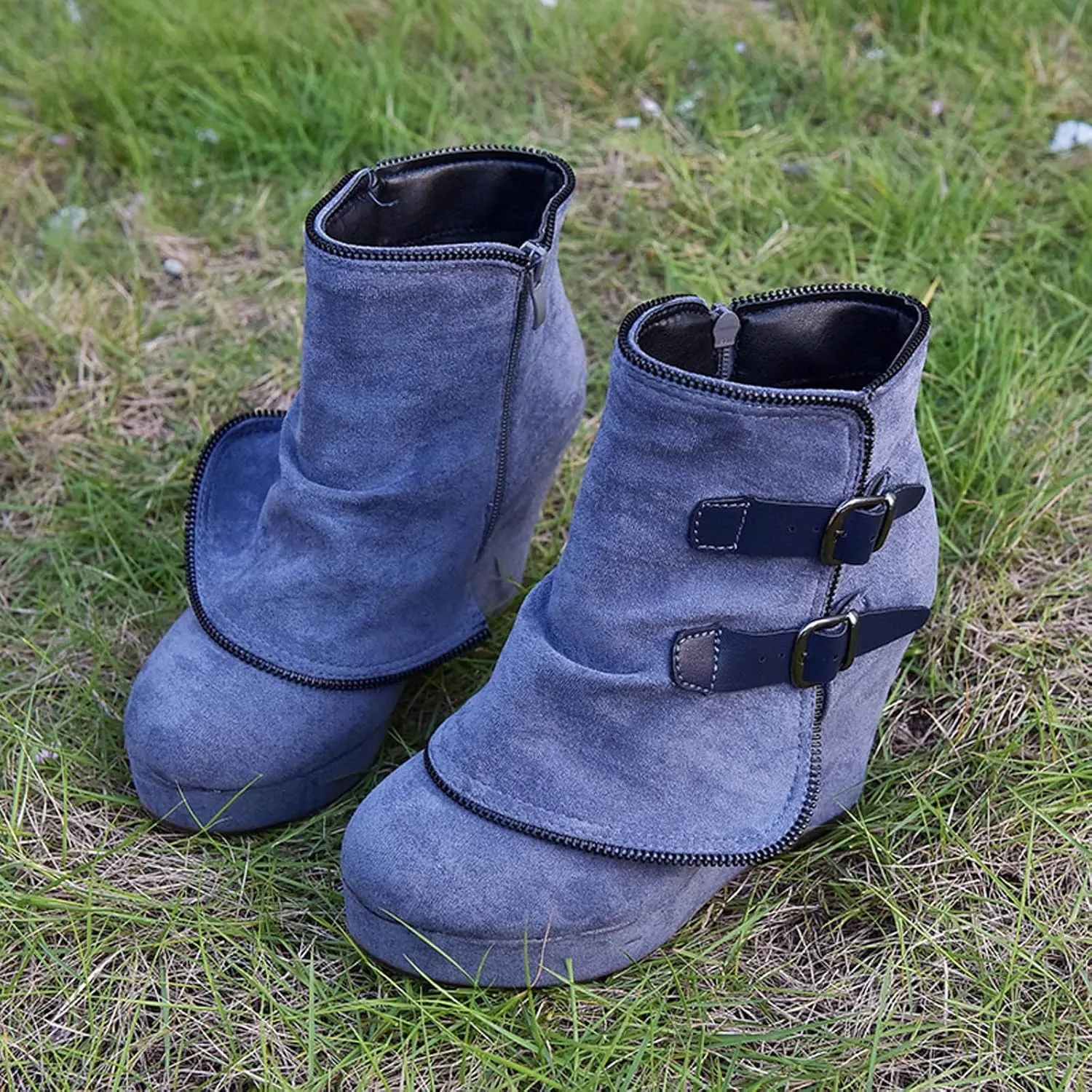 Mid Calf Boots for Women Low Hee Winter Boots Round Toe Solid Color Suede Slope Heel Retro Buckle Waterproof Boots
