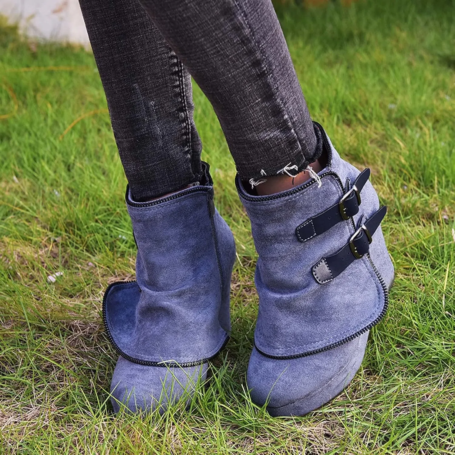 Mid Calf Boots for Women Low Hee Winter Boots Round Toe Solid Color Suede Slope Heel Retro Buckle Waterproof Boots