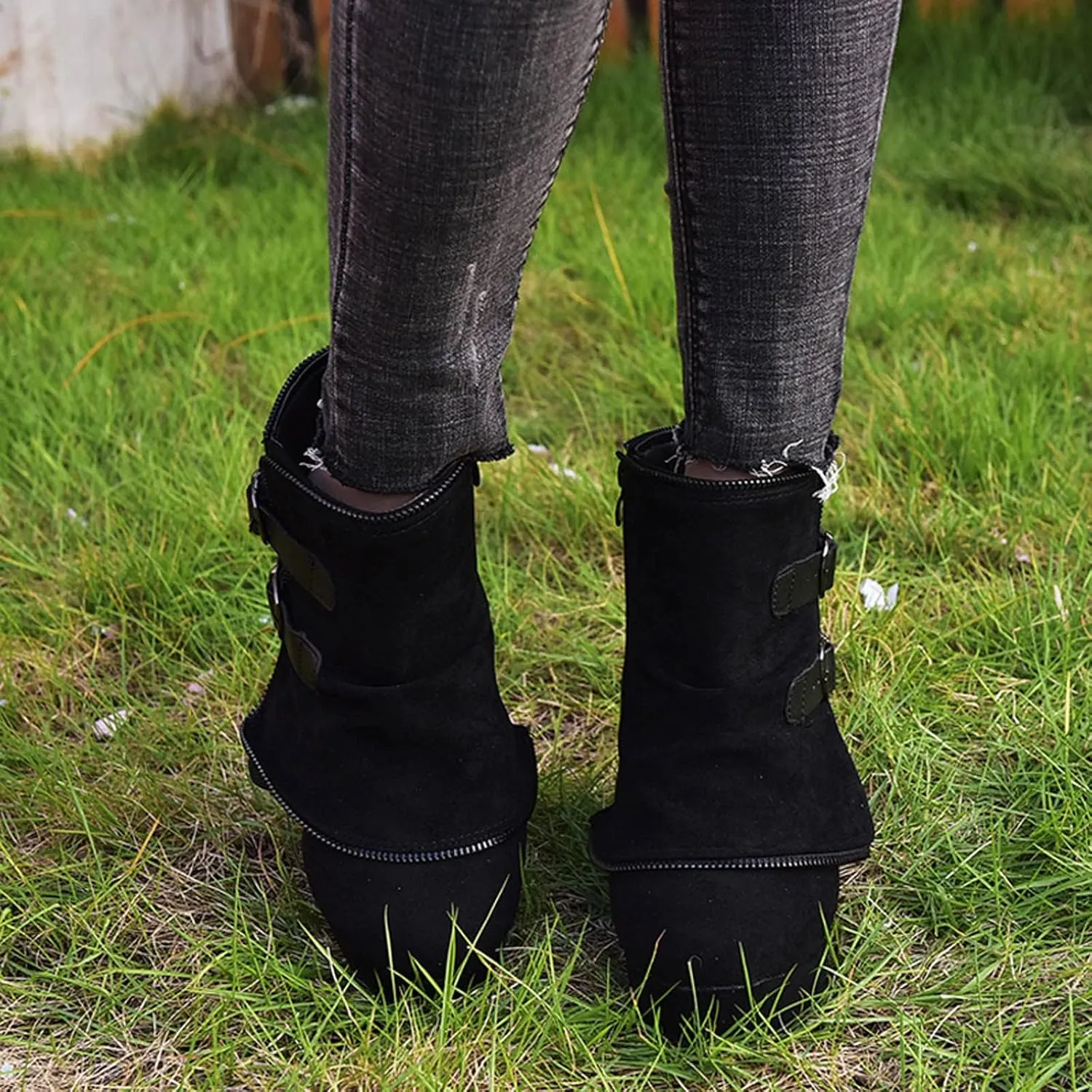 Mid Calf Boots for Women Low Hee Winter Boots Round Toe Solid Color Suede Slope Heel Retro Buckle Waterproof Boots