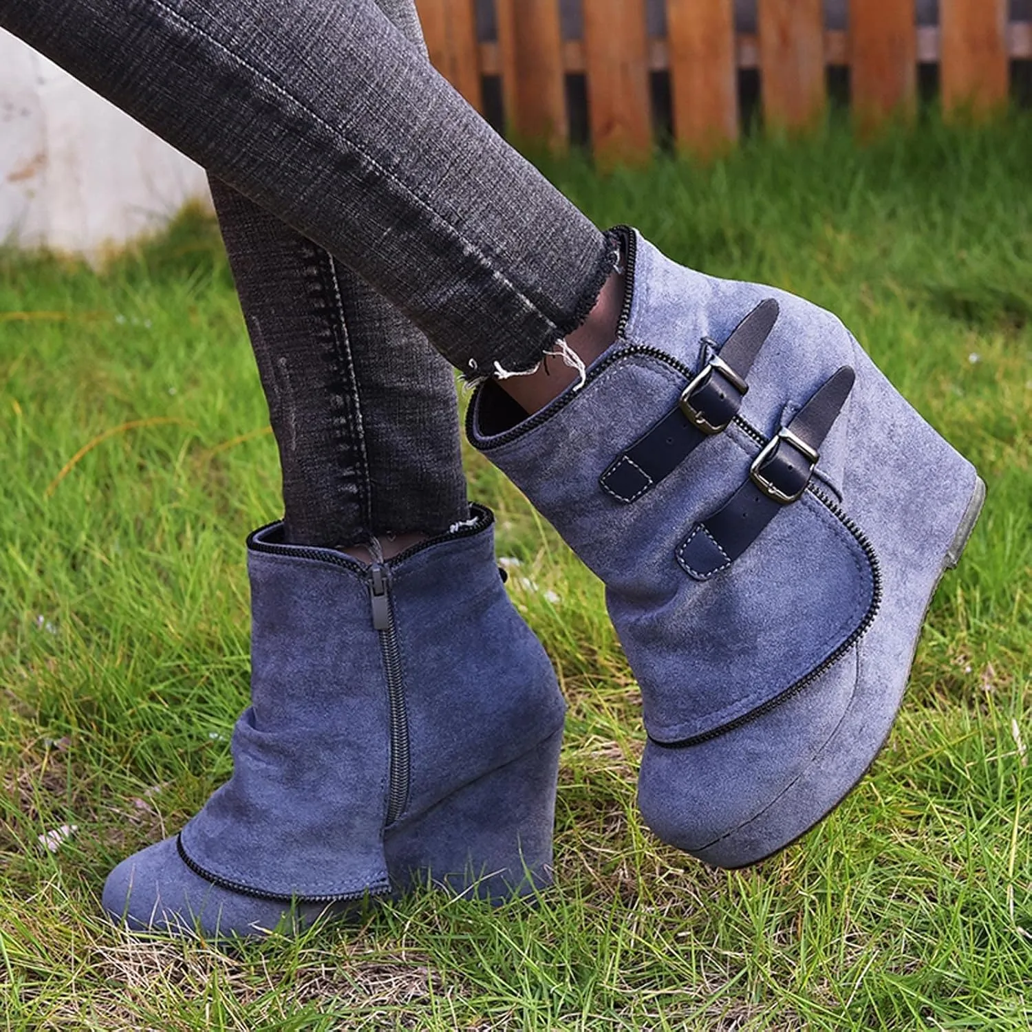 Mid Calf Boots for Women Low Hee Winter Boots Round Toe Solid Color Suede Slope Heel Retro Buckle Waterproof Boots