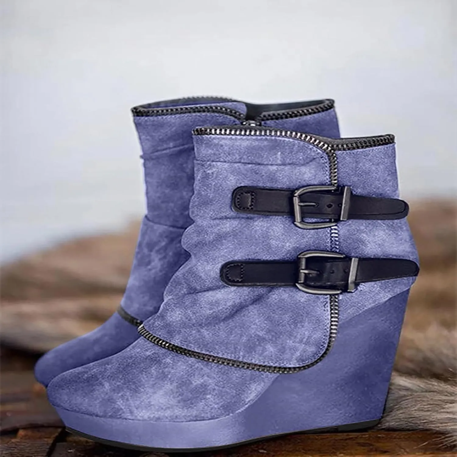 Mid Calf Boots for Women Low Hee Winter Boots Round Toe Solid Color Suede Slope Heel Retro Buckle Waterproof Boots