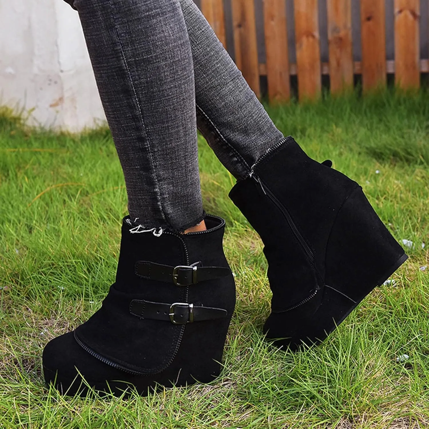 Mid Calf Boots for Women Low Hee Winter Boots Round Toe Solid Color Suede Slope Heel Retro Buckle Waterproof Boots