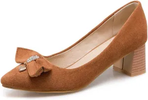 MIOKE Women's Pointed Toe Chunky Block Mid Heel Pump Suede Tassel Slip-On Loafer Casual Office Dress Shoes