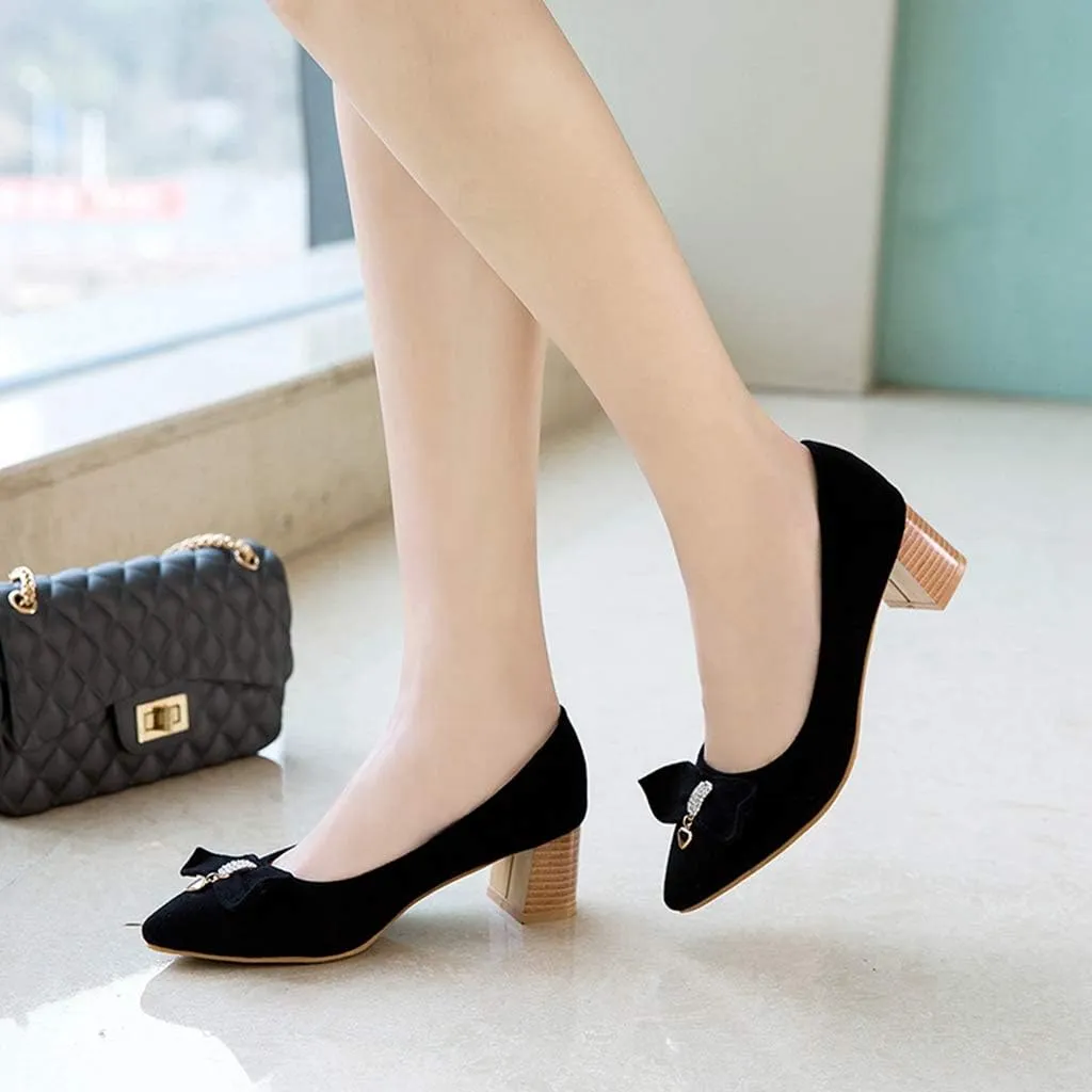 MIOKE Women's Pointed Toe Chunky Block Mid Heel Pump Suede Tassel Slip-On Loafer Casual Office Dress Shoes