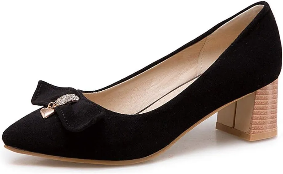 MIOKE Women's Pointed Toe Chunky Block Mid Heel Pump Suede Tassel Slip-On Loafer Casual Office Dress Shoes