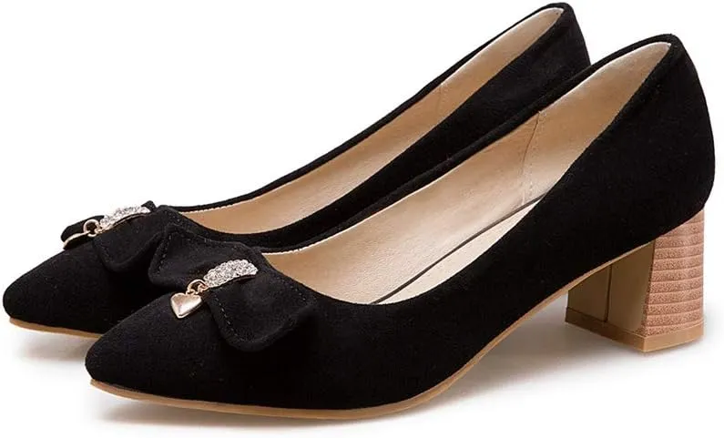 MIOKE Women's Pointed Toe Chunky Block Mid Heel Pump Suede Tassel Slip-On Loafer Casual Office Dress Shoes
