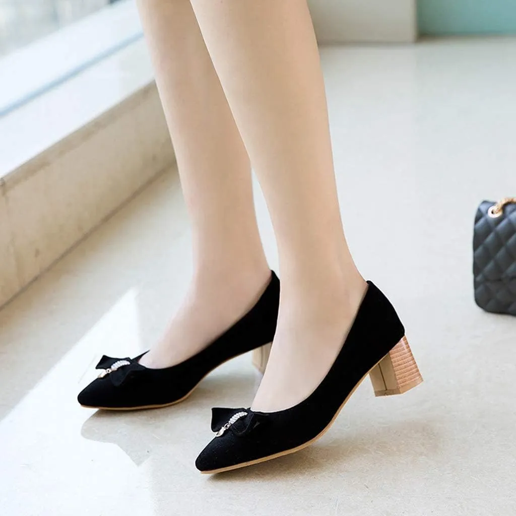 MIOKE Women's Pointed Toe Chunky Block Mid Heel Pump Suede Tassel Slip-On Loafer Casual Office Dress Shoes